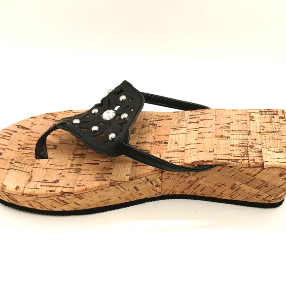 Size 7-8 Sandal Flip Flop Wedge Shoe Black with Bling Glam - Picture 6 of 10